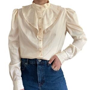 Vintage 80s Womens 100% Silk White Ruffle Collar Floral Light Academia Blouse